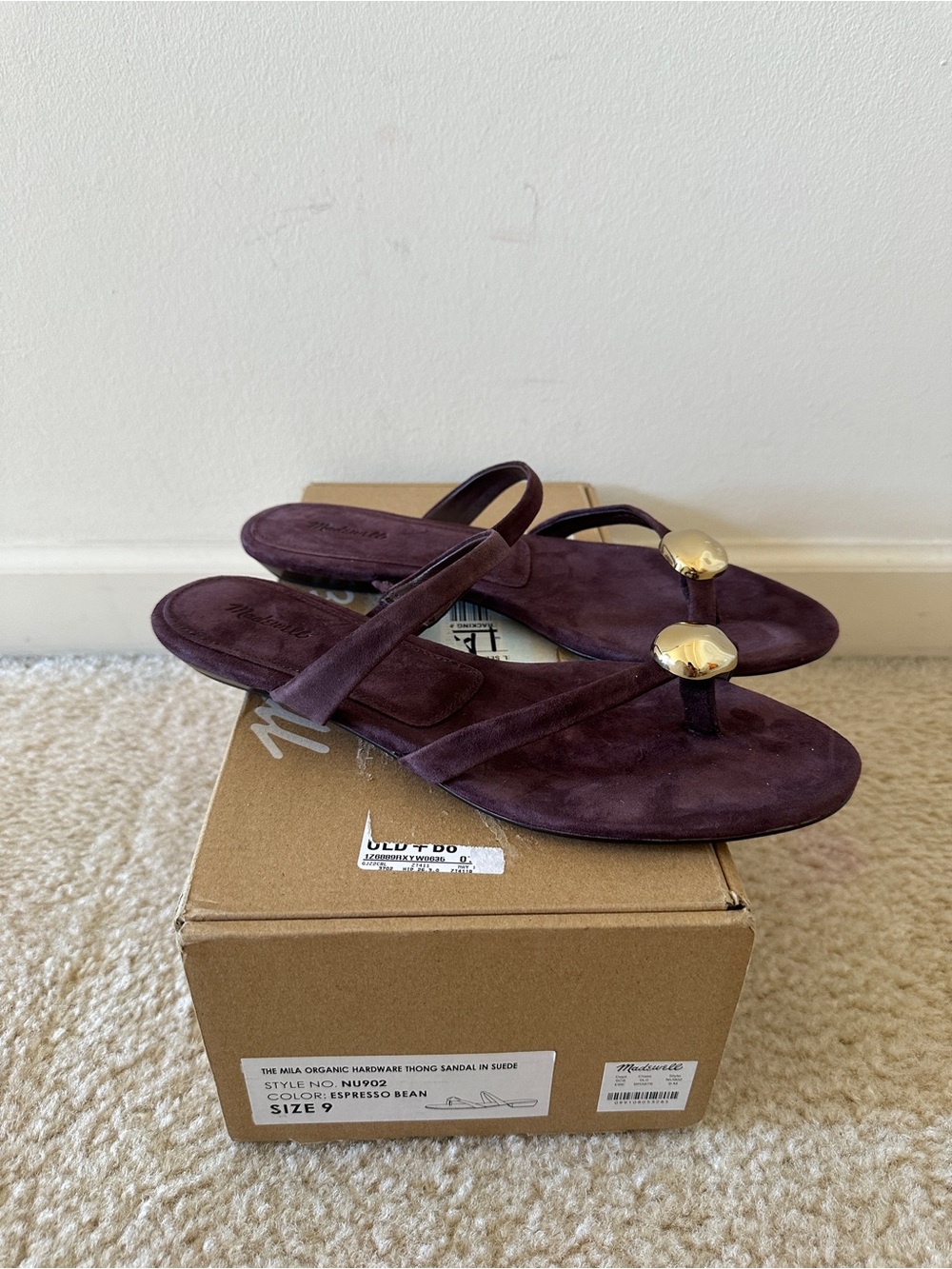 NWT MADEWELL Mila, Espresso Bean Suede Thong Sandal with Gold Accent (Size 9 US)